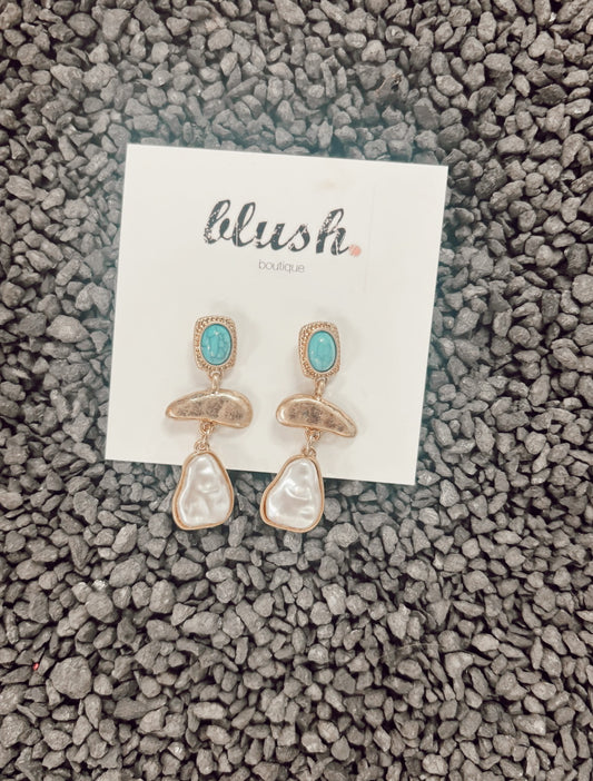 Drop Pearl and Turquoise Earrings